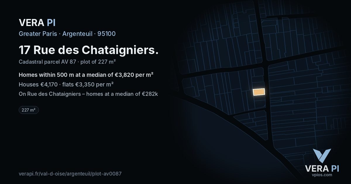 17 Rue des Chataigniers, Argenteuil at night – the plot lit, the parcels around coloured by the prices near them