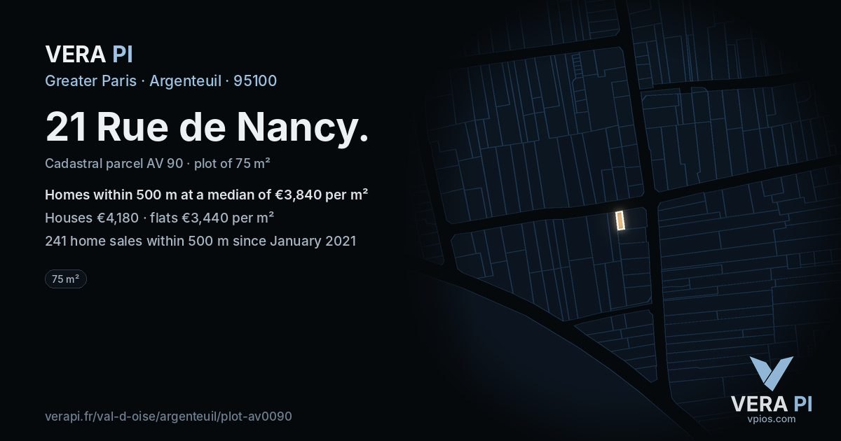 21 Rue de Nancy, Argenteuil at night – the plot lit, the parcels around coloured by the prices near them