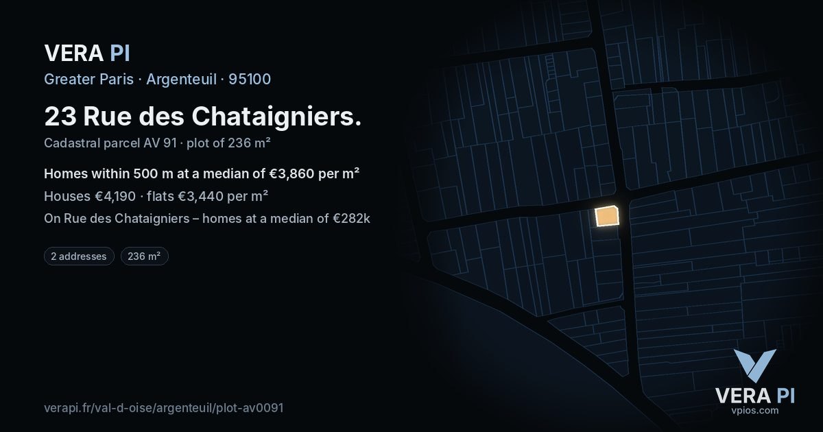 23 Rue des Chataigniers, Argenteuil at night – the plot lit, the parcels around coloured by the prices near them