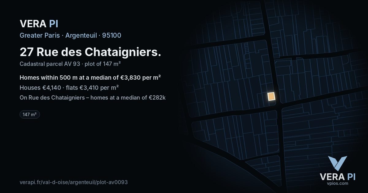 27 Rue des Chataigniers, Argenteuil at night – the plot lit, the parcels around coloured by the prices near them