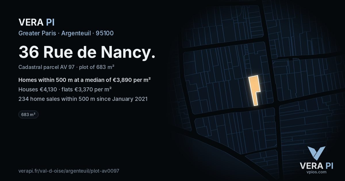 36 Rue de Nancy, Argenteuil at night – the plot lit, the parcels around coloured by the prices near them