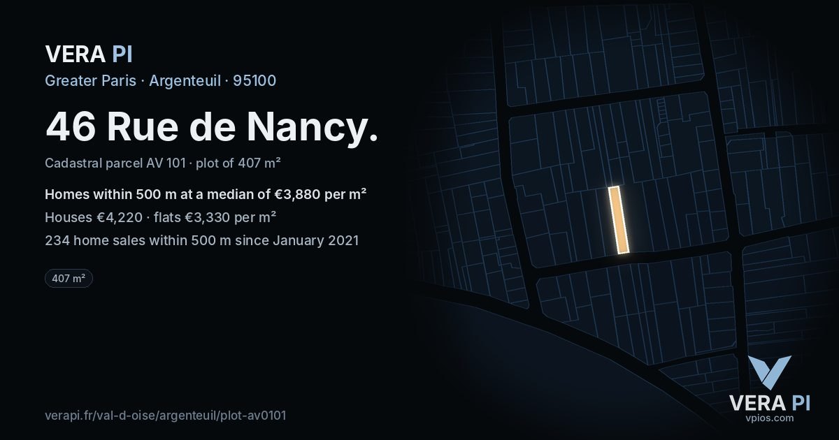 46 Rue de Nancy, Argenteuil at night – the plot lit, the parcels around coloured by the prices near them