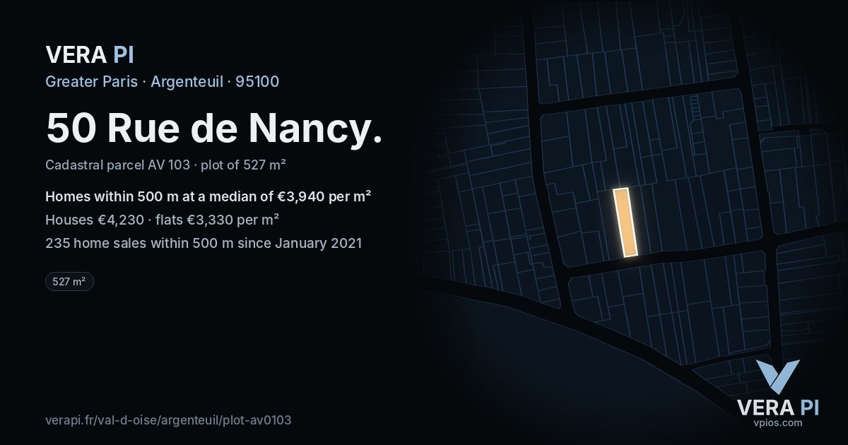 50 Rue de Nancy, Argenteuil at night – the plot lit, the parcels around coloured by the prices near them
