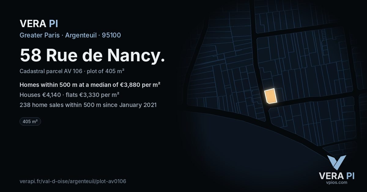 58 Rue de Nancy, Argenteuil at night – the plot lit, the parcels around coloured by the prices near them