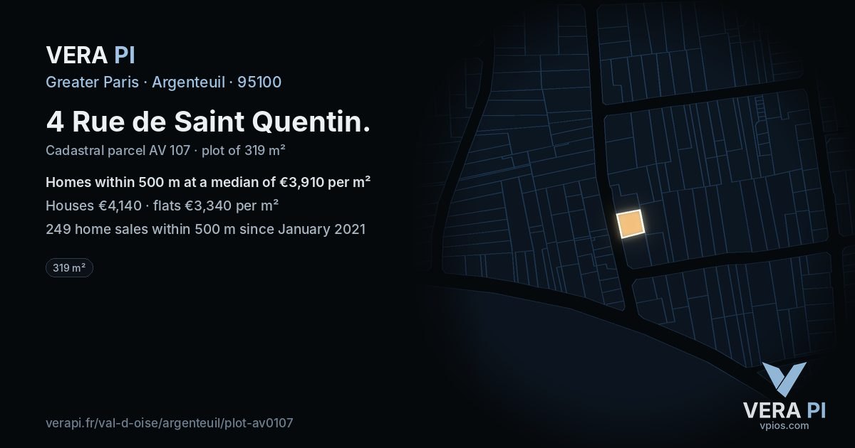 4 Rue de Saint Quentin, Argenteuil at night – the plot lit, the parcels around coloured by the prices near them