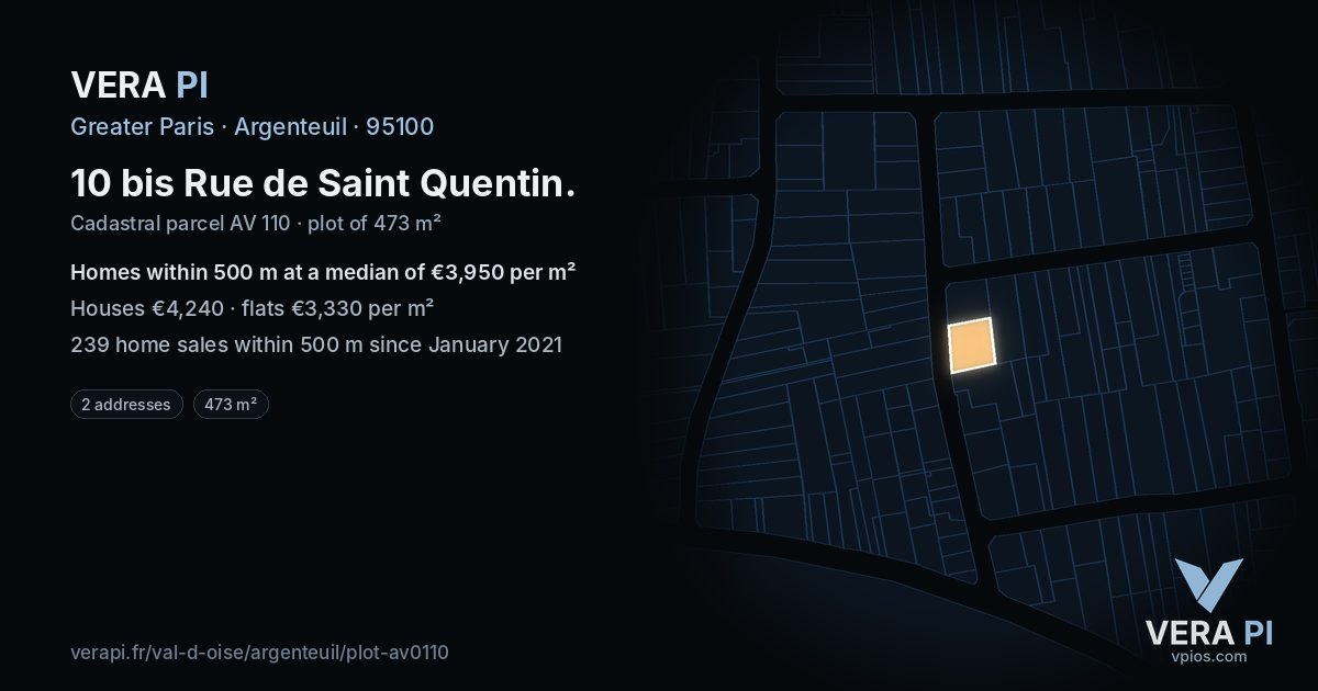 10 bis Rue de Saint Quentin, Argenteuil at night – the plot lit, the parcels around coloured by the prices near them