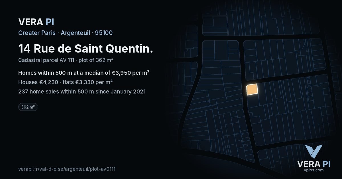 14 Rue de Saint Quentin, Argenteuil at night – the plot lit, the parcels around coloured by the prices near them