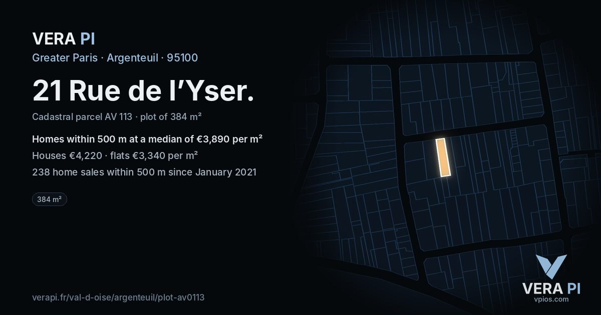 21 Rue de l’Yser, Argenteuil at night – the plot lit, the parcels around coloured by the prices near them