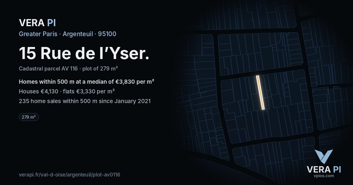 15 Rue de l’Yser, Argenteuil at night – the plot lit, the parcels around coloured by the prices near them