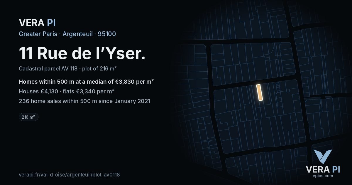 11 Rue de l’Yser, Argenteuil at night – the plot lit, the parcels around coloured by the prices near them