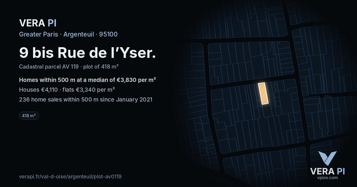 9 bis Rue de l’Yser, Argenteuil at night – the plot lit, the parcels around coloured by the prices near them