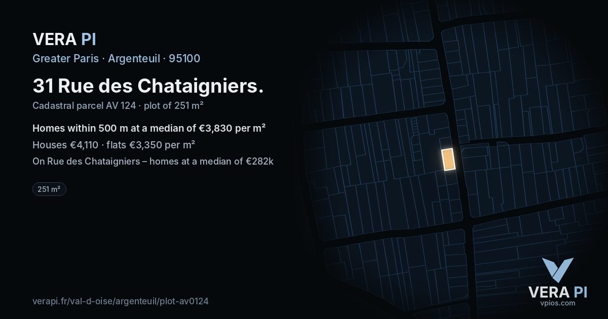 31 Rue des Chataigniers, Argenteuil at night – the plot lit, the parcels around coloured by the prices near them