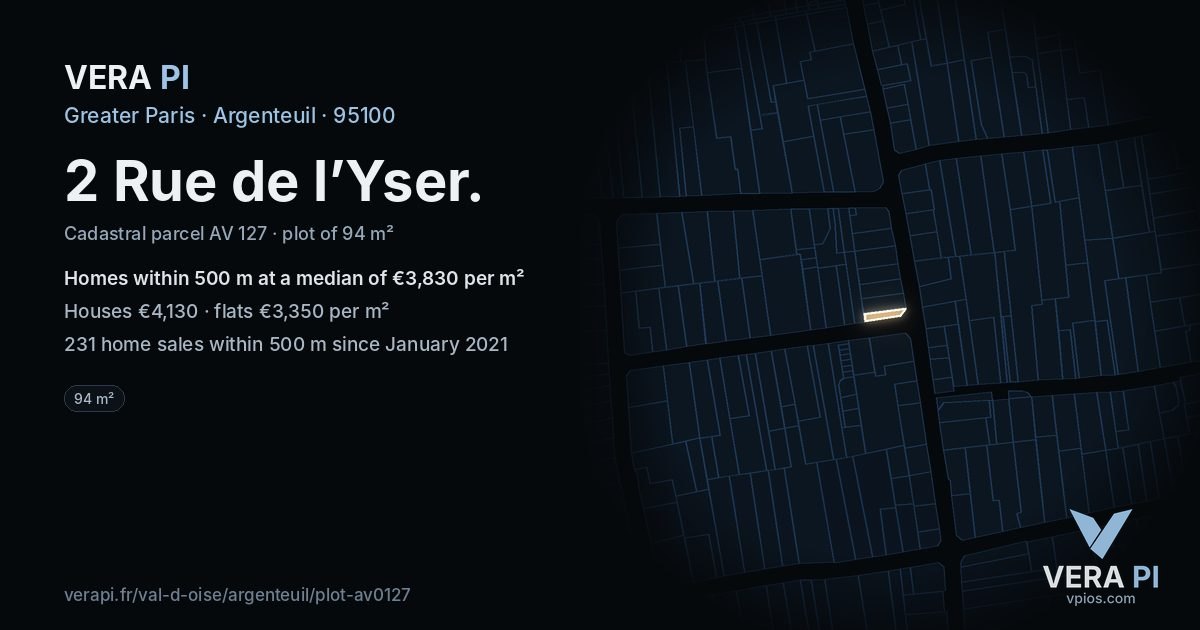 2 Rue de l’Yser, Argenteuil at night – the plot lit, the parcels around coloured by the prices near them