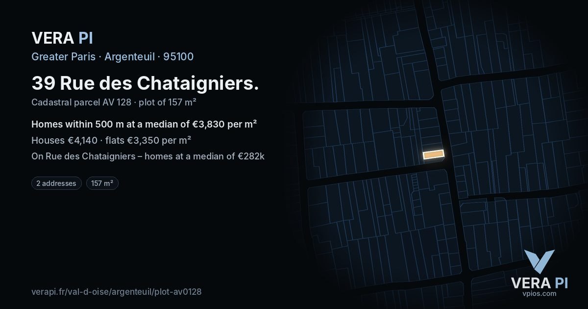 39 Rue des Chataigniers, Argenteuil at night – the plot lit, the parcels around coloured by the prices near them