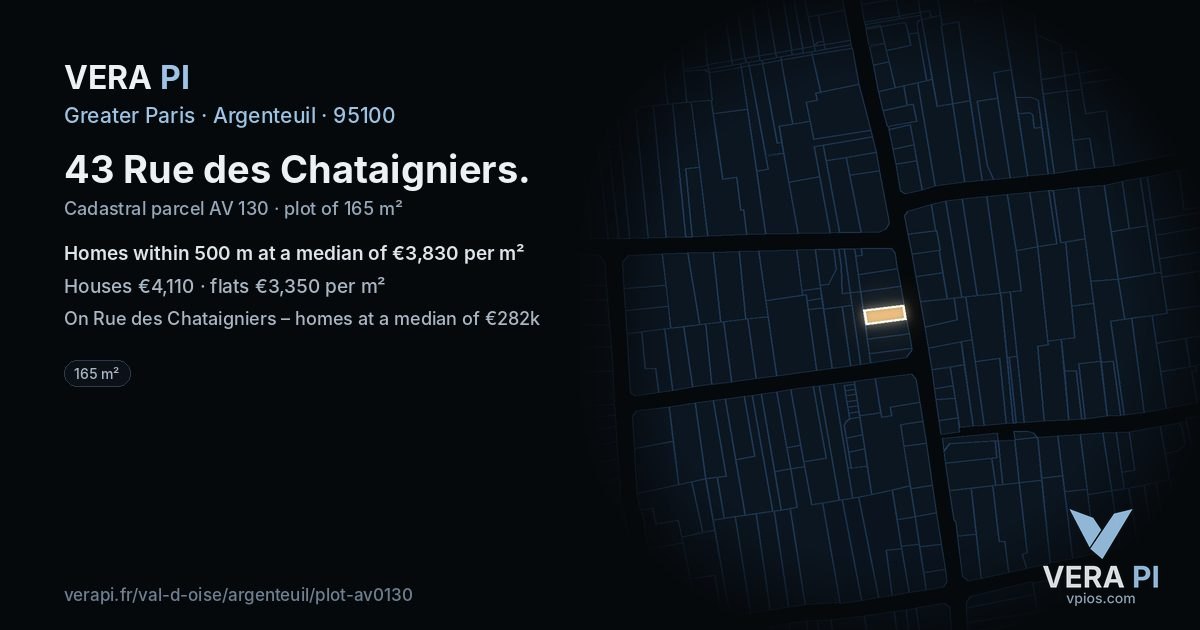 43 Rue des Chataigniers, Argenteuil at night – the plot lit, the parcels around coloured by the prices near them