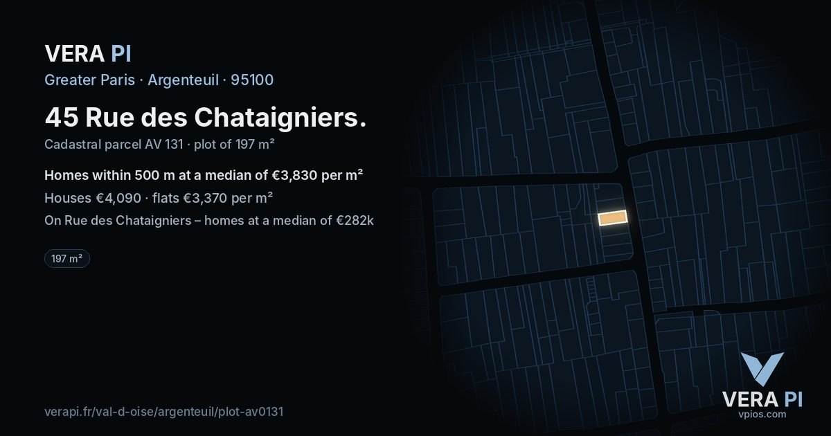 45 Rue des Chataigniers, Argenteuil at night – the plot lit, the parcels around coloured by the prices near them