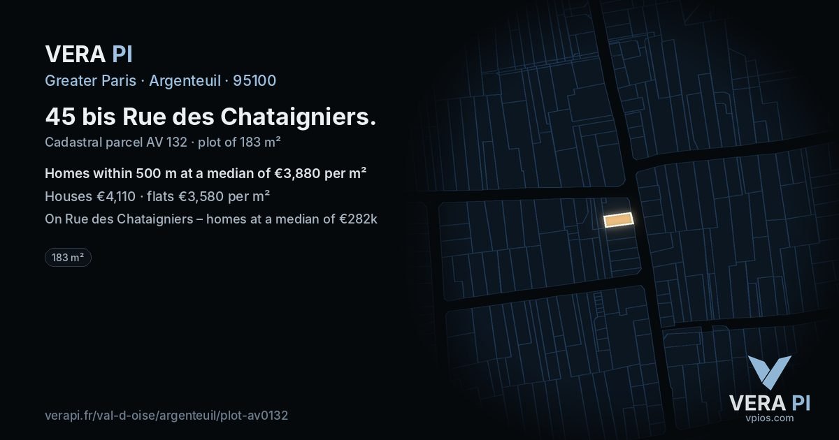 45 bis Rue des Chataigniers, Argenteuil at night – the plot lit, the parcels around coloured by the prices near them