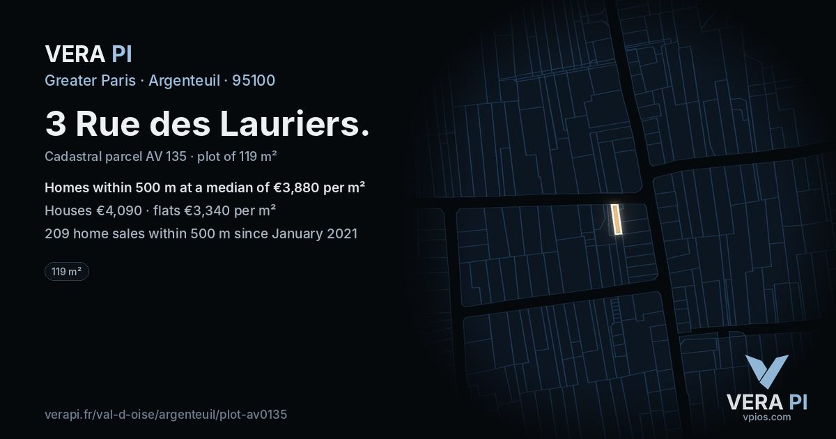 3 Rue des Lauriers, Argenteuil at night – the plot lit, the parcels around coloured by the prices near them