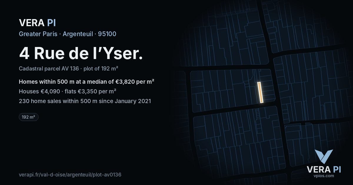 4 Rue de l’Yser, Argenteuil at night – the plot lit, the parcels around coloured by the prices near them