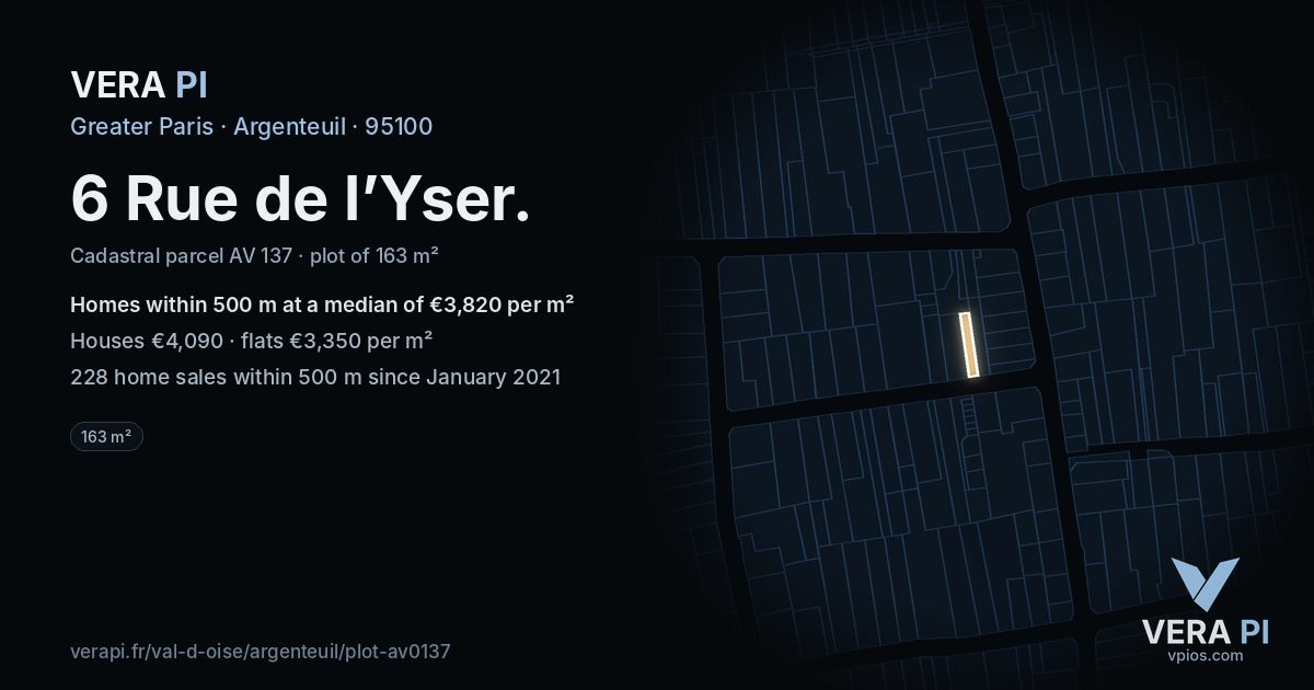 6 Rue de l’Yser, Argenteuil at night – the plot lit, the parcels around coloured by the prices near them
