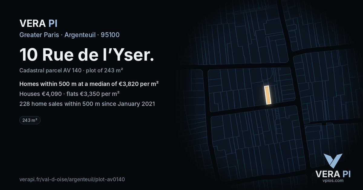 10 Rue de l’Yser, Argenteuil at night – the plot lit, the parcels around coloured by the prices near them