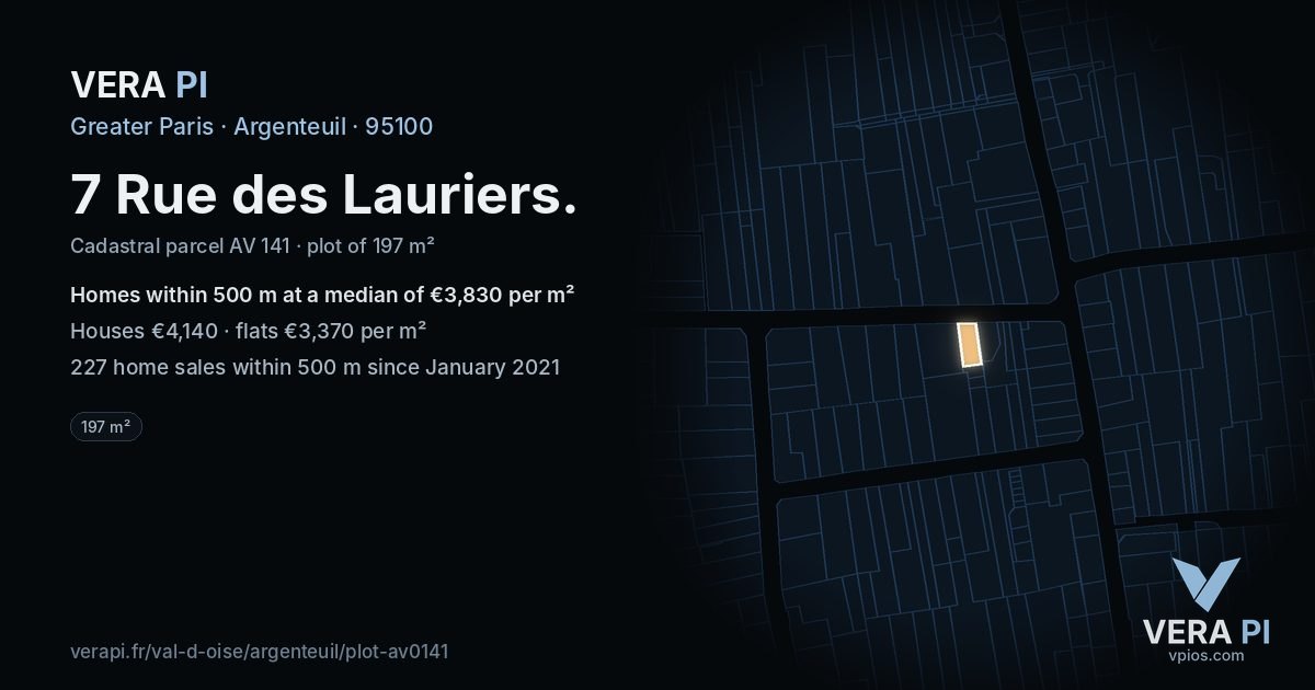 7 Rue des Lauriers, Argenteuil at night – the plot lit, the parcels around coloured by the prices near them