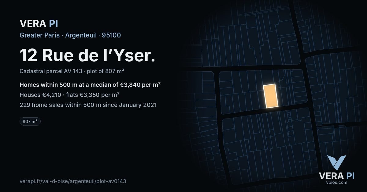 12 Rue de l’Yser, Argenteuil at night – the plot lit, the parcels around coloured by the prices near them