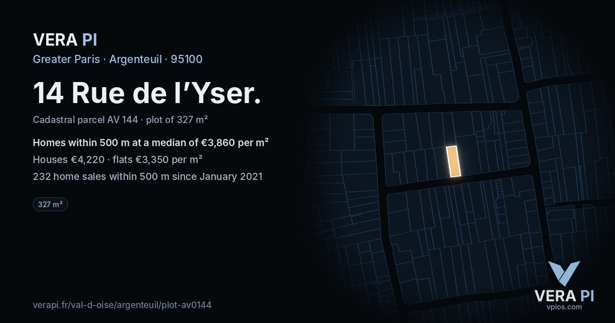 14 Rue de l’Yser, Argenteuil at night – the plot lit, the parcels around coloured by the prices near them