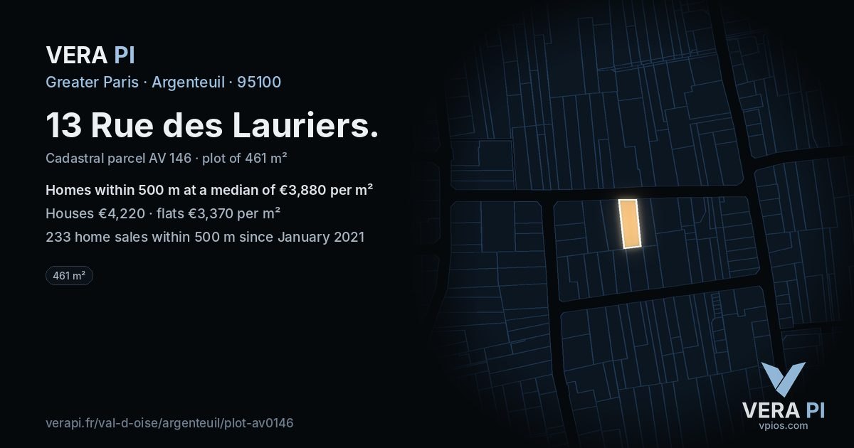 13 Rue des Lauriers, Argenteuil at night – the plot lit, the parcels around coloured by the prices near them