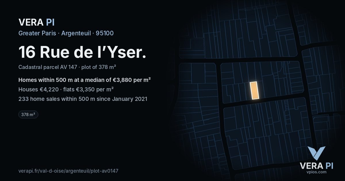 16 Rue de l’Yser, Argenteuil at night – the plot lit, the parcels around coloured by the prices near them