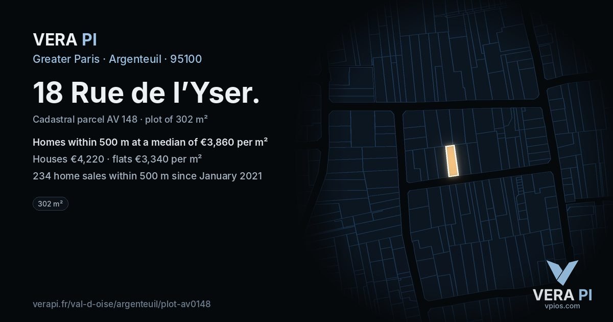 18 Rue de l’Yser, Argenteuil at night – the plot lit, the parcels around coloured by the prices near them