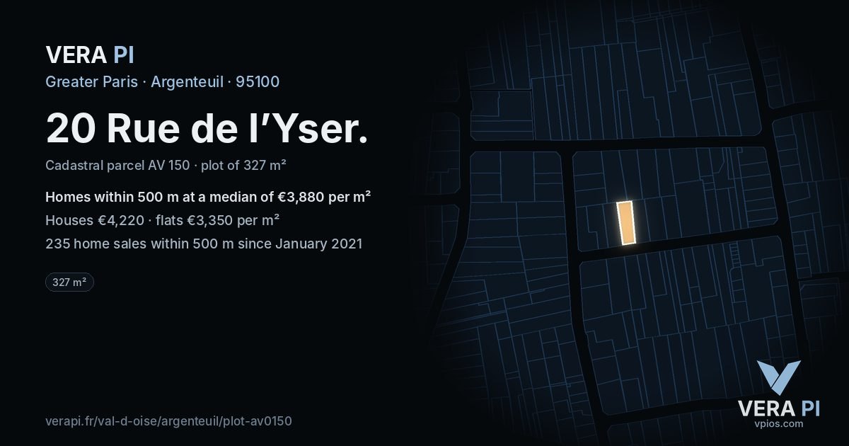 20 Rue de l’Yser, Argenteuil at night – the plot lit, the parcels around coloured by the prices near them