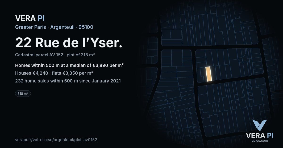 22 Rue de l’Yser, Argenteuil at night – the plot lit, the parcels around coloured by the prices near them