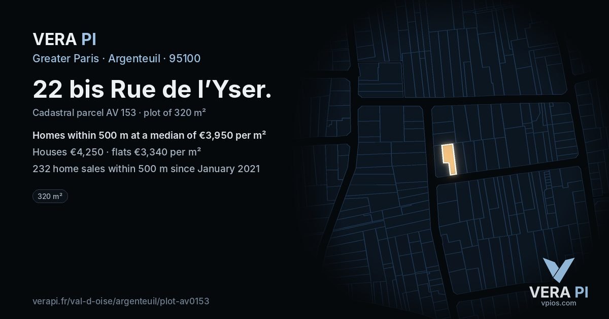 22 bis Rue de l’Yser, Argenteuil at night – the plot lit, the parcels around coloured by the prices near them
