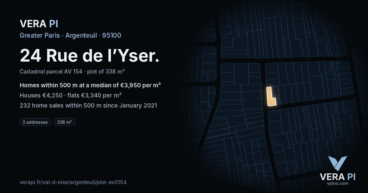 24 Rue de l’Yser, Argenteuil at night – the plot lit, the parcels around coloured by the prices near them