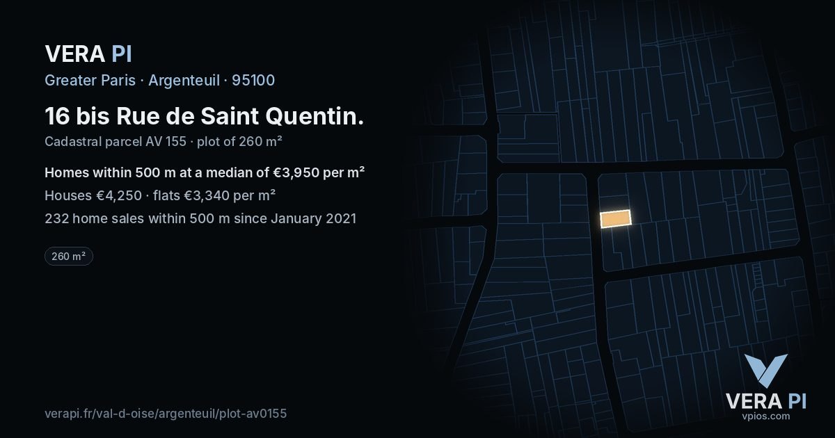 16 bis Rue de Saint Quentin, Argenteuil at night – the plot lit, the parcels around coloured by the prices near them