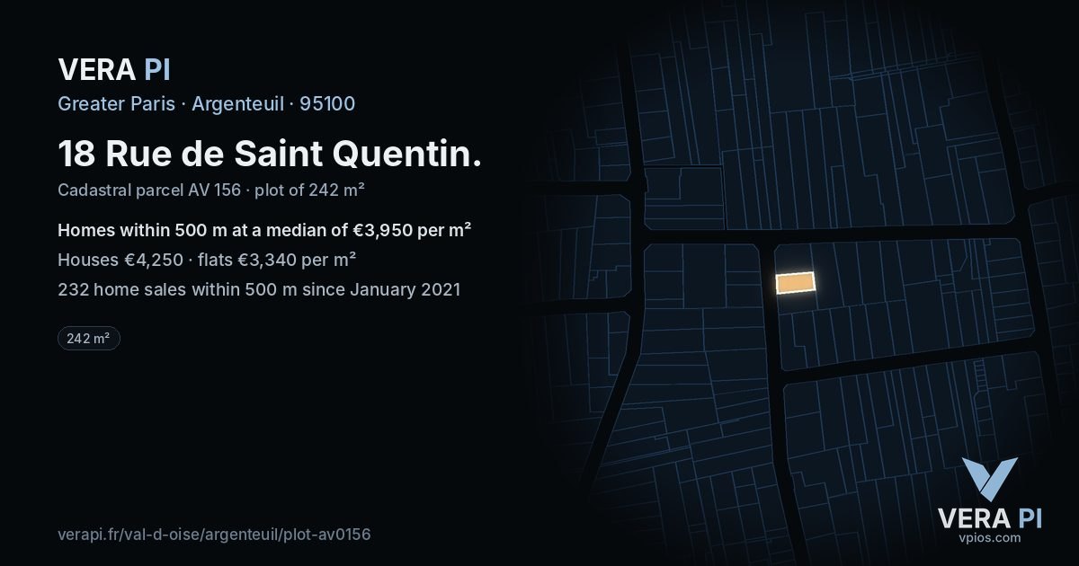 18 Rue de Saint Quentin, Argenteuil at night – the plot lit, the parcels around coloured by the prices near them