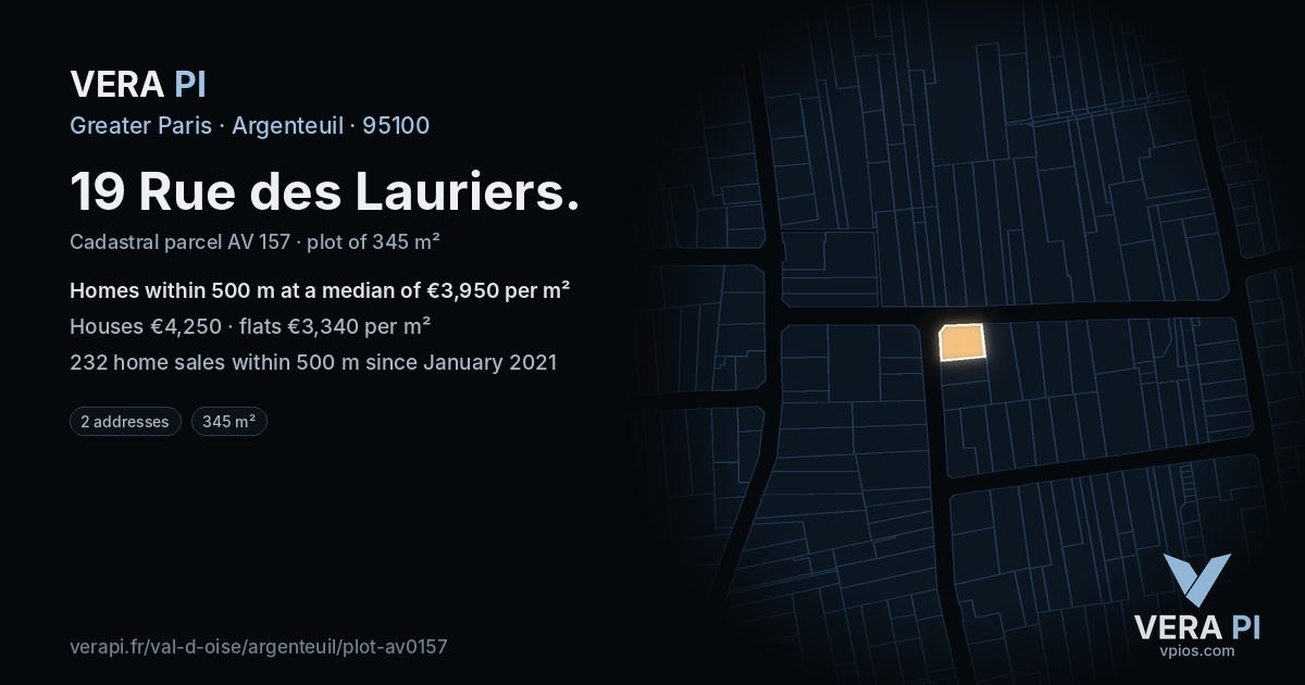 19 Rue des Lauriers, Argenteuil at night – the plot lit, the parcels around coloured by the prices near them