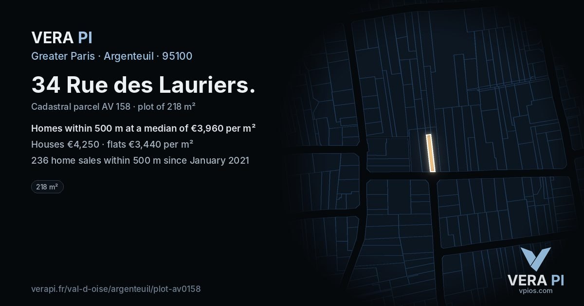 34 Rue des Lauriers, Argenteuil at night – the plot lit, the parcels around coloured by the prices near them