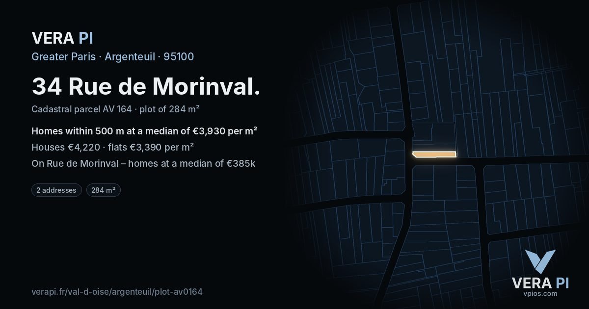 34 Rue de Morinval, Argenteuil at night – the plot lit, the parcels around coloured by the prices near them