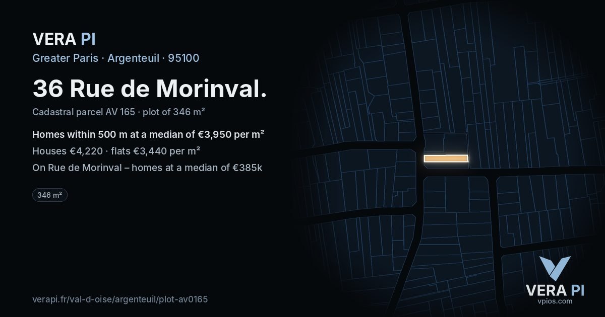 36 Rue de Morinval, Argenteuil at night – the plot lit, the parcels around coloured by the prices near them