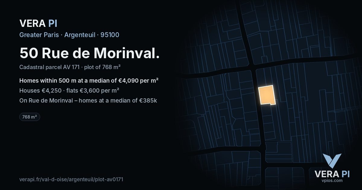 50 Rue de Morinval, Argenteuil at night – the plot lit, the parcels around coloured by the prices near them