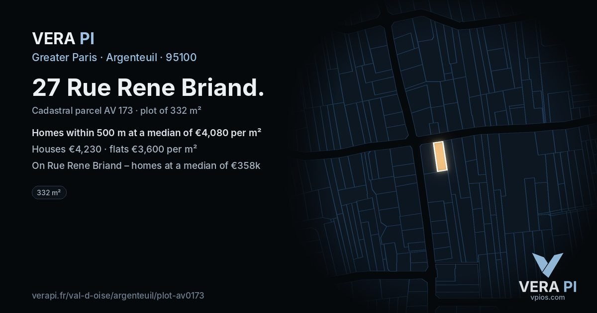 27 Rue Rene Briand, Argenteuil at night – the plot lit, the parcels around coloured by the prices near them