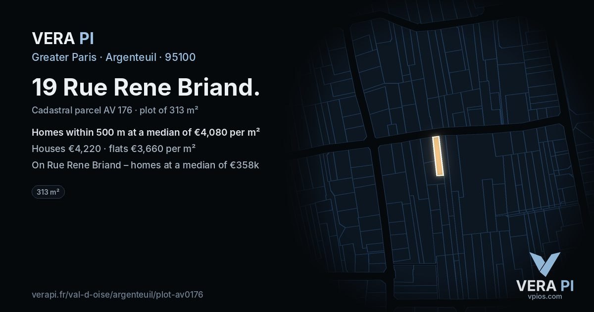 19 Rue Rene Briand, Argenteuil at night – the plot lit, the parcels around coloured by the prices near them