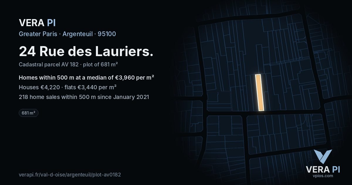 24 Rue des Lauriers, Argenteuil at night – the plot lit, the parcels around coloured by the prices near them