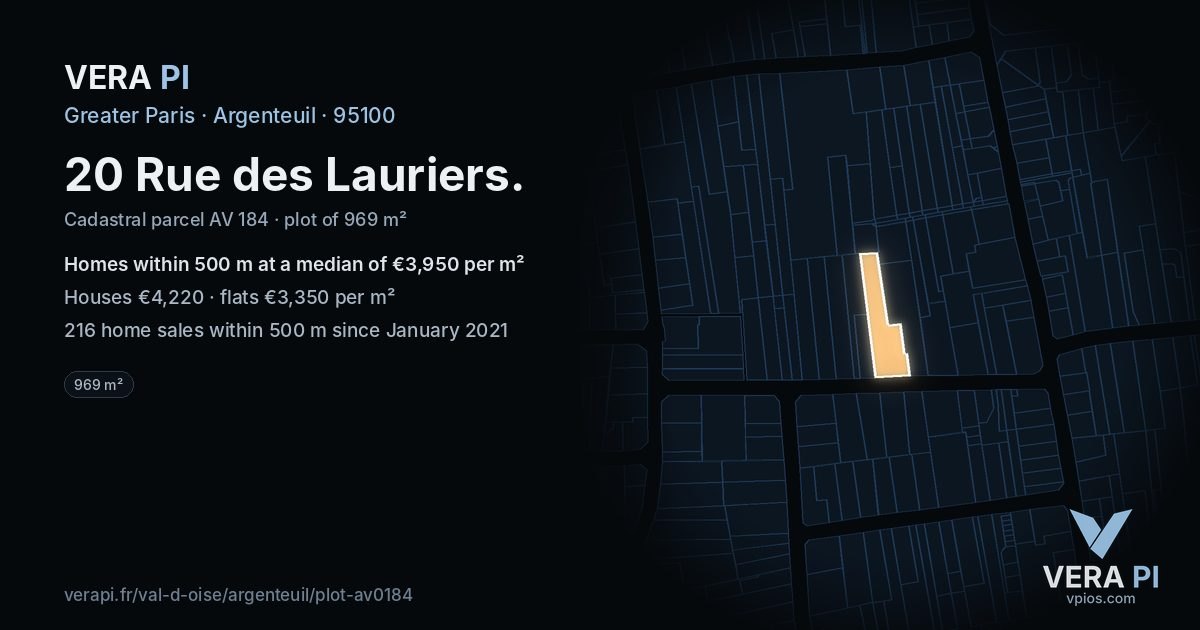 20 Rue des Lauriers, Argenteuil at night – the plot lit, the parcels around coloured by the prices near them