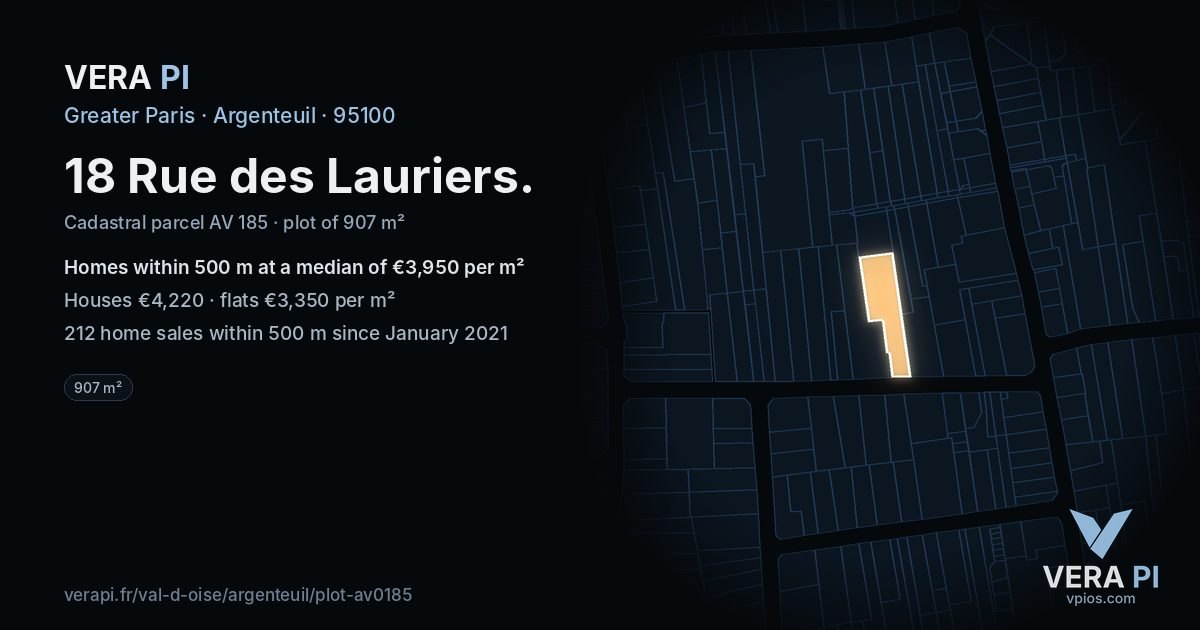 18 Rue des Lauriers, Argenteuil at night – the plot lit, the parcels around coloured by the prices near them
