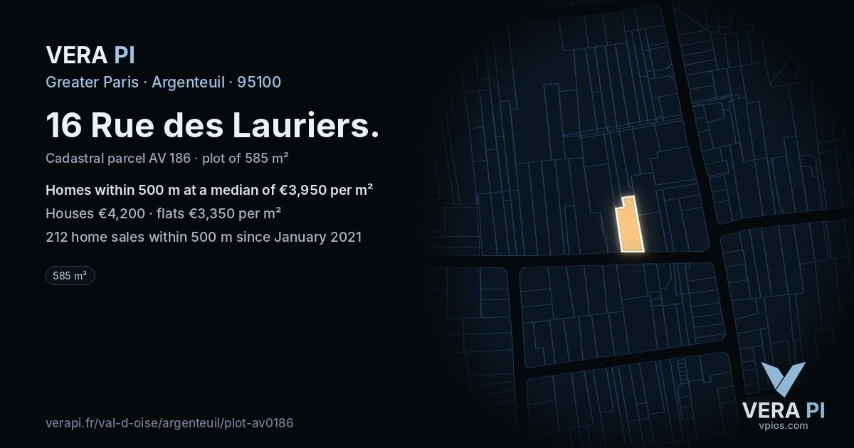 16 Rue des Lauriers, Argenteuil at night – the plot lit, the parcels around coloured by the prices near them