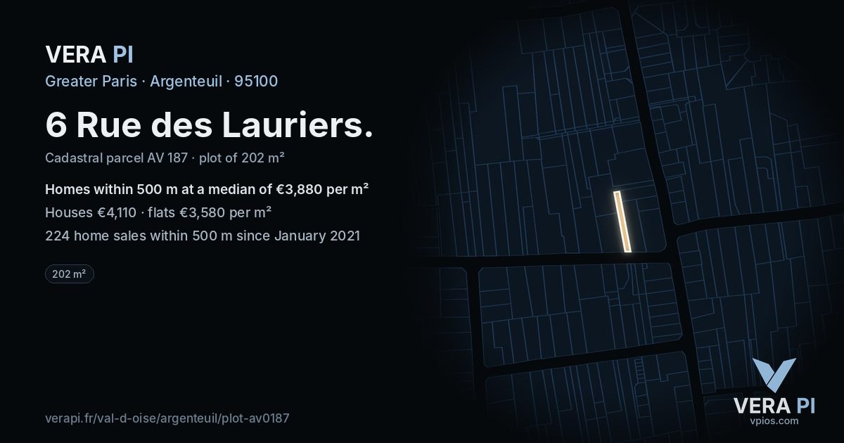 6 Rue des Lauriers, Argenteuil at night – the plot lit, the parcels around coloured by the prices near them