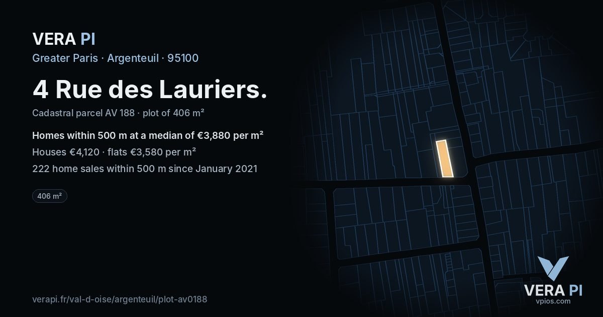 4 Rue des Lauriers, Argenteuil at night – the plot lit, the parcels around coloured by the prices near them